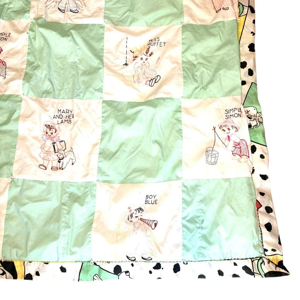 Vtg Nursery Rhyme Embroidered Quilt Reversible 101 Dalmatians Baby Blanket